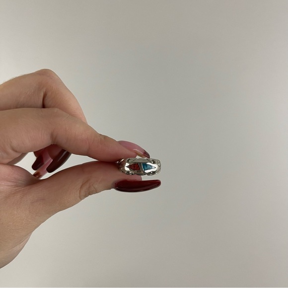 Vintage Coral Red Turquoise Blue Stone Color Block Thick Band Statement Ring - Picture 2 of 4